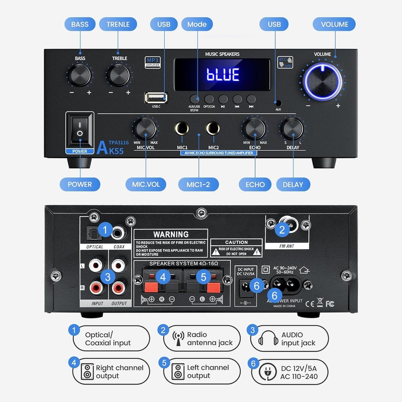 Wtoolfex Stereo Home Audio Amplifier with 5.0 Bluetooth Receiver for Speaker, 300W+300W Bluetooth HiFi Stereo Power AK55 Amplifier 2.0 Channel RMS 40Wx2 Home System Remote Control Amp W/MIC,USB, RCA,FM Radio - Image 2
